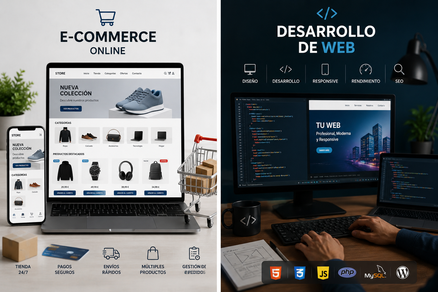 Tienda online en portátil y móvil, y pantalla de desarrollo web con código