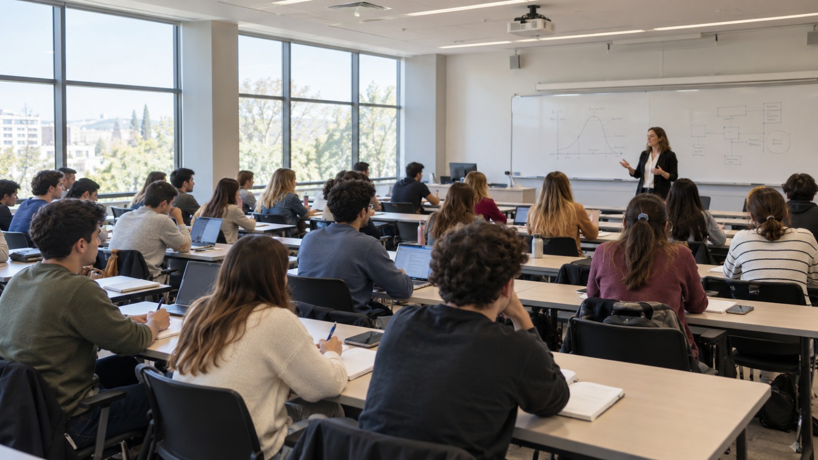 Profesora explicando en un aula con alumnos que usan portátiles y cuadernos