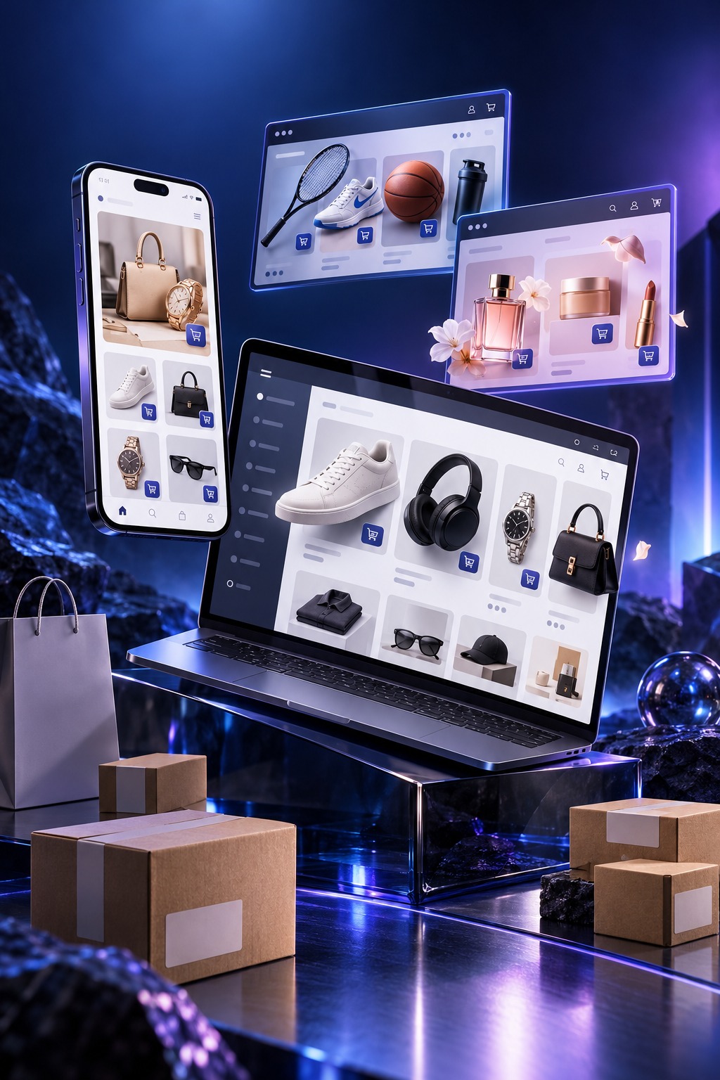 Tiendas online en portátil, móvil y tableta con productos y cajas de pedidos