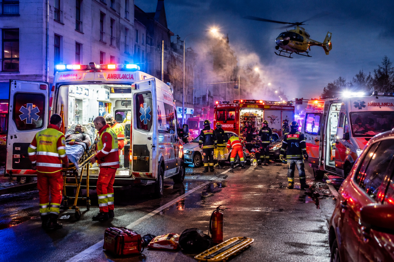 Servicio de emergencia con ambulancias, bomberos y helicóptero sanitario